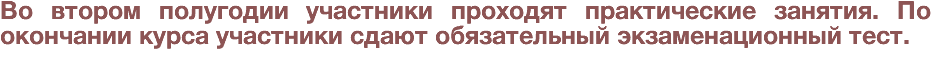 Во втором полугодии участники проходят практические занятия. По окончании курса участники сдают обязательный экзаменационный тест. 