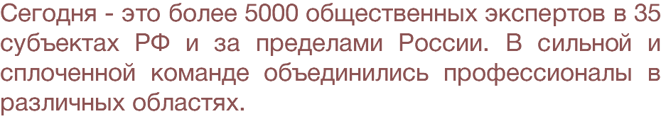 Сегодня - это более 5000 общественных экспертов в 35 субъектах РФ и за пределами России. В сильной и сплоченной команде объединились профессионалы в различных областях.